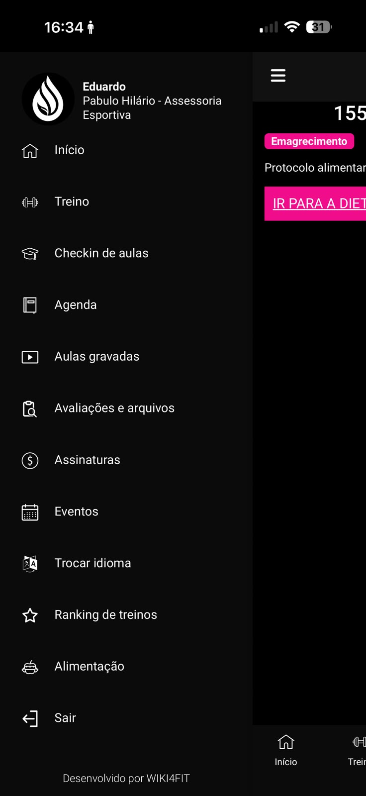 Menu interno do aplicativo