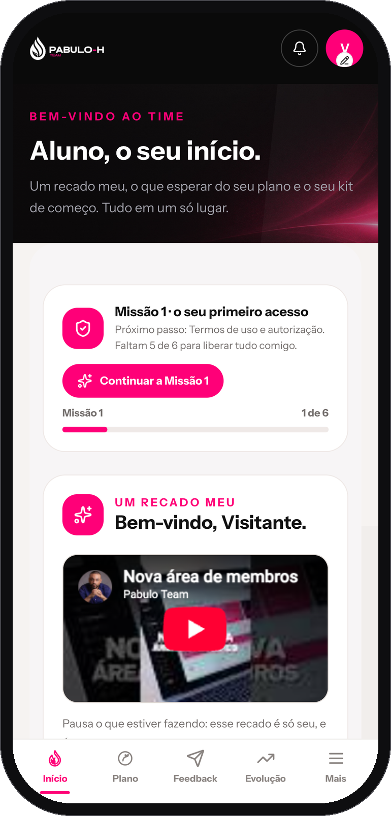 Início da sua área: recado da semana e primeira missão